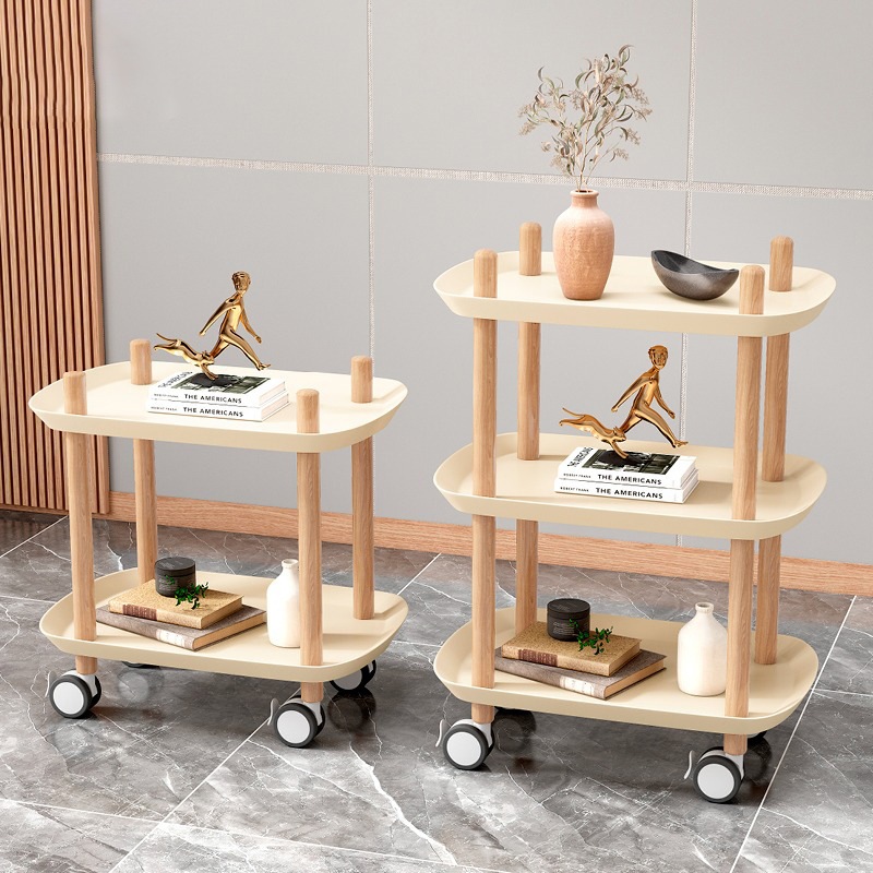 ビューティーカートトロリーブナ無垢材ホームリビングルームツールカートコーヒーサイドテーブル棚超静かなプーリー収納カート