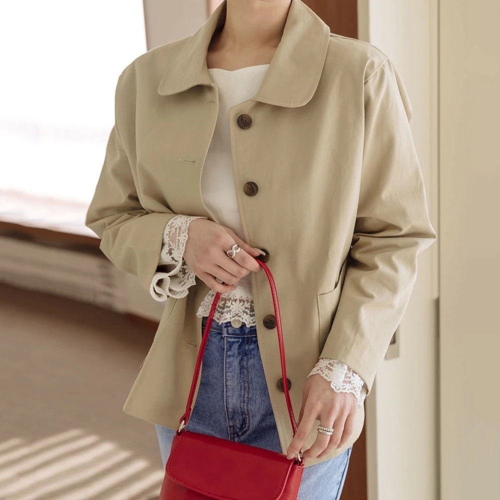 丸襟配色ボタンジャケット