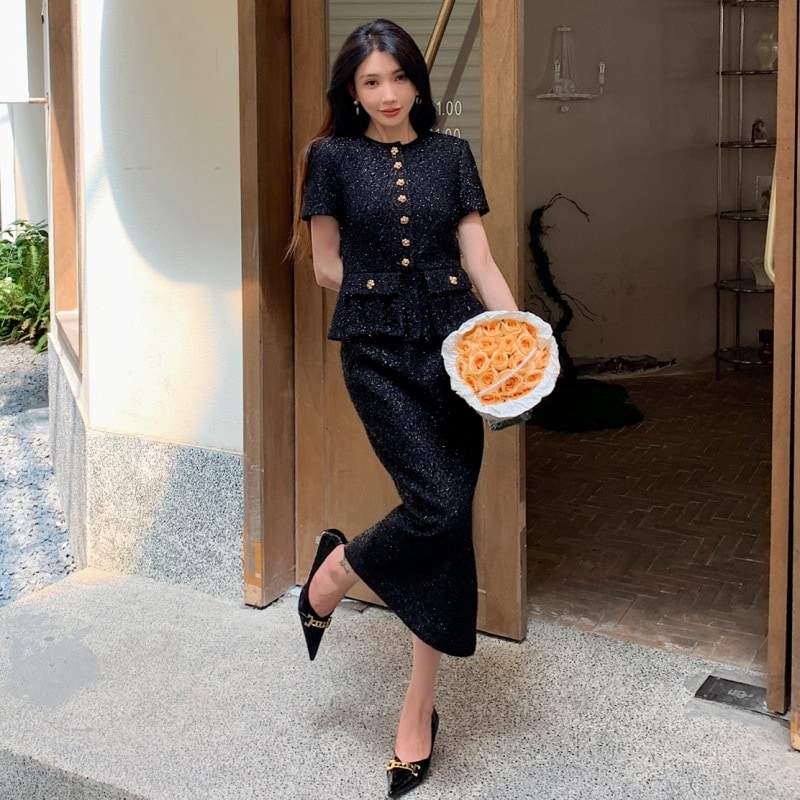 新しい女性の服の専門家通勤オールヘプバーンスタイルハイウエストスリムフィットの偽の2ピースドレス長い小さな黒いスカート