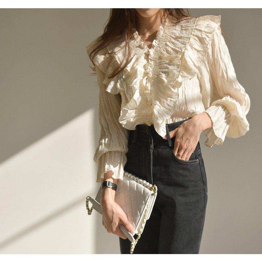 [本日限り激安SALE]プリーツ 通勤 おしゃれ シャツ ブラウス シフォン フレア フリル vネック ブラウス 夏 春 レディース ブラウス 可愛い 大人 今っぽシアーシャツ韓国風ファッション 品質