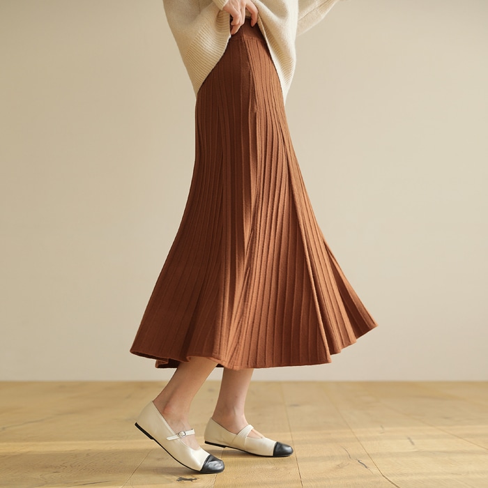 [韓国ファッション] ウエストゴム ニットプリーツロングフレアスカート