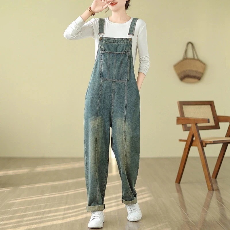 デニムサロペット ライトオールインワンパンツ 新作 2025春 レディース ジーンズ オーバーオール カジュアル レトロ ワイドパンツ