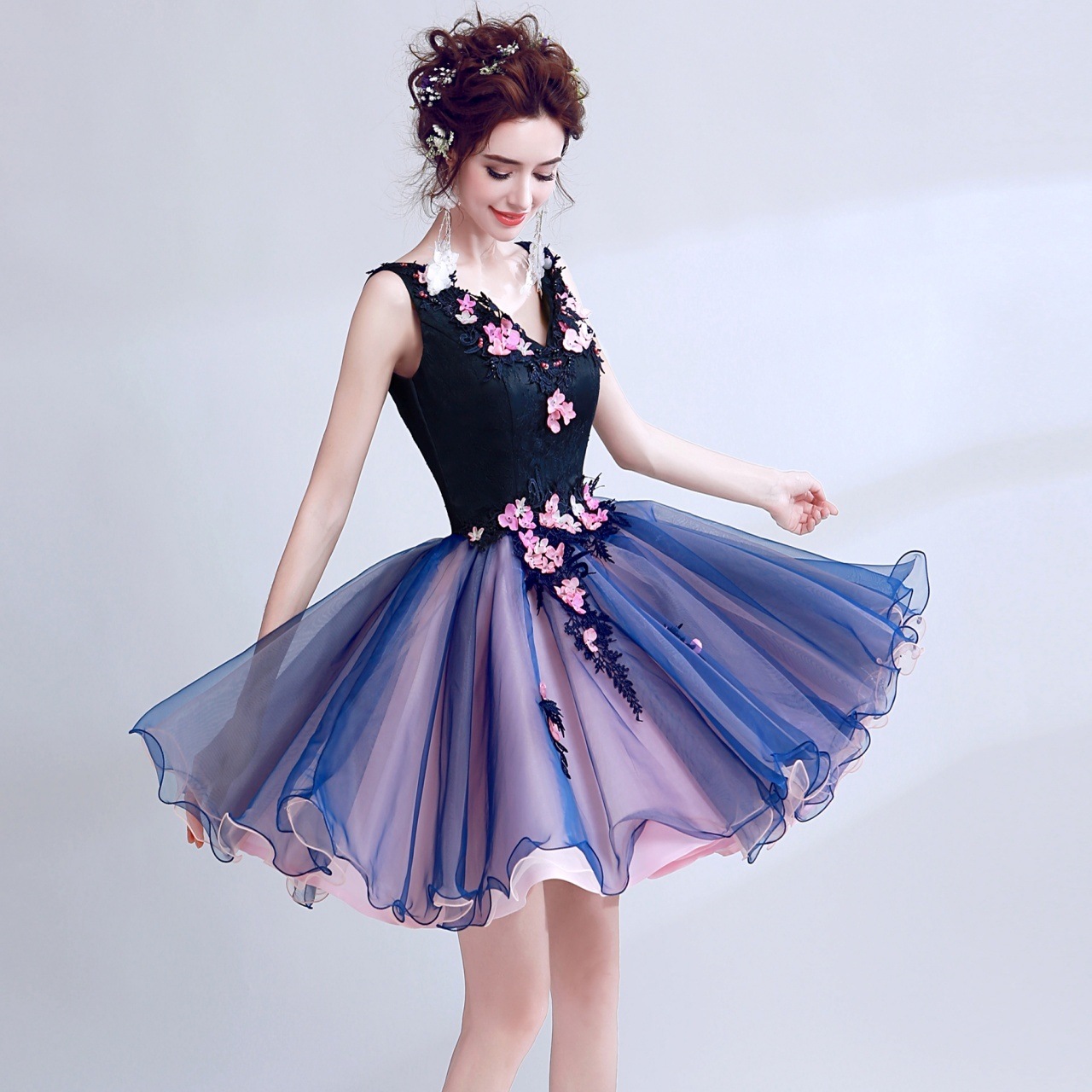 ワンピース ワンピドレス ミニ ミニ丈 袖なし ノースリーブ Vネック デザイン切替 ウエスト切替