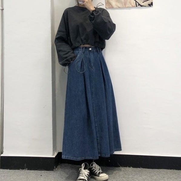 スカート ボトムス フレアスカート デニム ブルー ミモレ丈 ストレート タック カラーデニム ワントーン 大人女子 カジュアル セクシー HIPHOP スポーティー お洒落 おしゃれ オシャレ lb