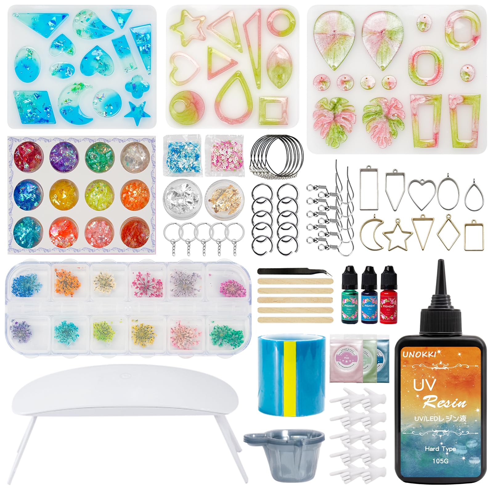 UNOKKI レジン セット初心者, UVレジン スターターキット セット 初心者,レジン 着色剤,レジン液,レジン型, uvライト レジン用, 必要な道具やパーツが揃ってる れじんせっと初心者向,