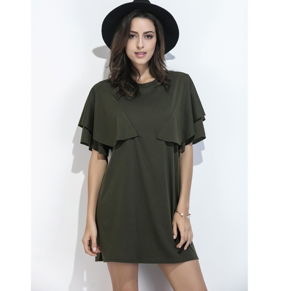 New Fashion Women Mini Dress Round Neck Short Ruffle Sleeve Casual Party Dress Dark Green