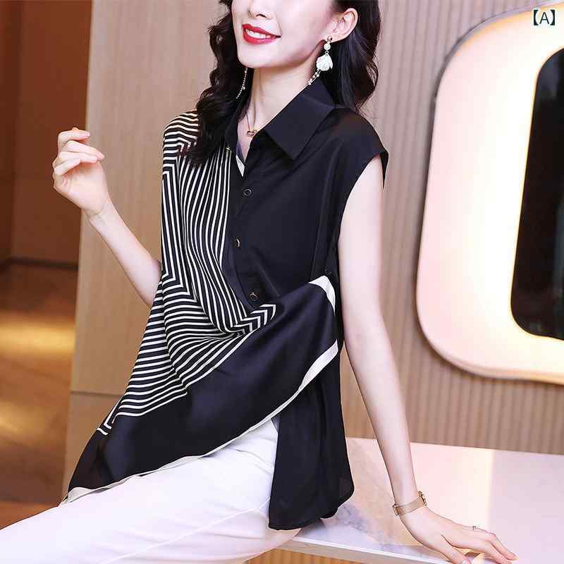 レディース シャツ ノースリーブ 夏 ストライプ オーバーブラウス シャツカラー 襟 スタイリッシュ モダン アーバン おしゃれ モノクローム オフィス ワーク