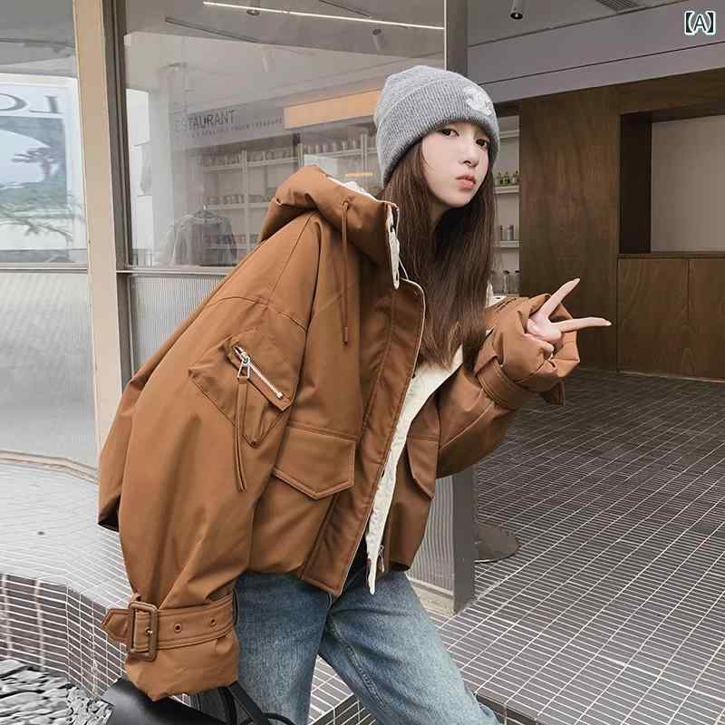 レディース アウター カジュアル 茶色 レトロ ワークウェア ダウン コットンコート 女性 冬 フード付き ショート コットンコート ジャケット 子供