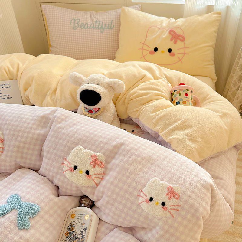 ミルクレープベッド上4点セット冬の厚手サンゴレープ布団カバーベッドシングル寮3点セットベッド品4