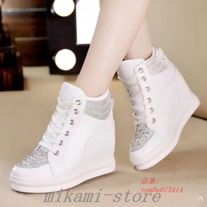 スニーカーインヒールスニーカー厚底スニーカーシューズヒールスニーカー靴レースアップレディースハイカットスニーカーヒール8cm白全店2点