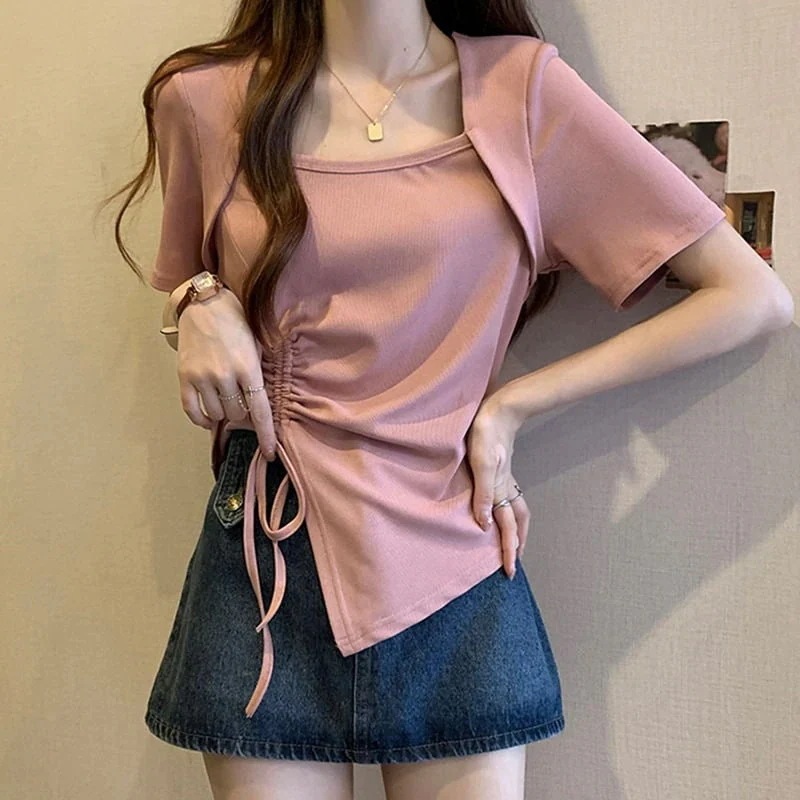 高品質新入 アイスシルク半袖Tシャツ女性夏新作緩い薄い大ヤードデザイン純粋な欲望の風短いセクション巾着トップスの女性の感覚3351