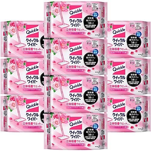 【ケース販売】クイックルワイパー フロア用掃除道具 立体吸着ウエットシート ローズの香り 大容量 32枚 ×10個