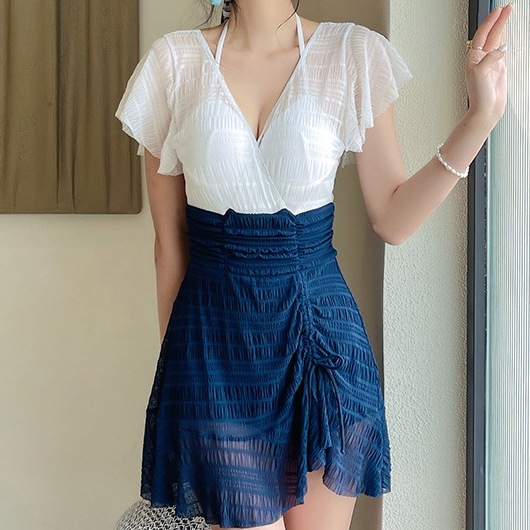 水着 体型カバー ワンピース ホルターネック ワイヤー パッド付き ウエストカバー 二の腕カバー 小胸 切り替えデザイン 伸縮性 胸元 谷間 谷間魅せ 盛れる 美ヒップ 美尻 美バスト 美胸