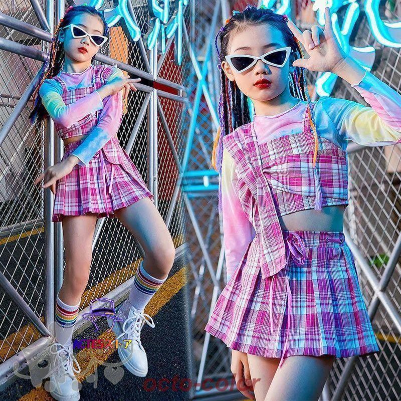 ダンス衣装 ヒップホップ 女の子 3点セットＴシャツ チェック柄 ベスト スカート へそ出し キッズ ガールズ 女の子 セットアップ 派手 K-POP 韓国 ステージ衣装