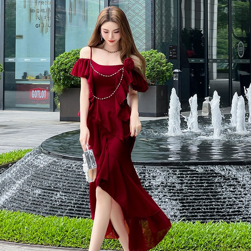 【JY.上品】 2024夏新品 キャミワンピース オフショルダー フリル 綺麗 ドレス パーティー キャバ 着痩せ 大人 同窓会 披露宴 卒業式 結婚式 演奏会 ウェディング 二次会 メガ割