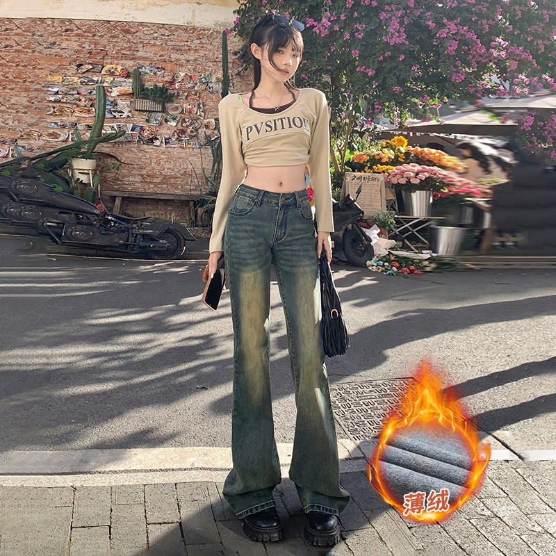 Yc&レトロノスタルジアローウエストフレアパンツファッション多用途ドレープフロアモッピングジーンズレディース&レギュラーシンベルベット