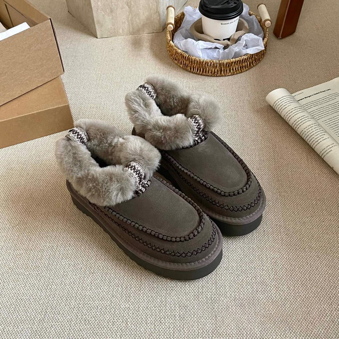 秋冬新作スノーブーツ 起毛襟 ストラップ 厚底 カジュアル ミニ レディスファション 保温 グレー