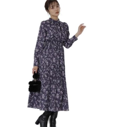 [プロポーションボディドレッシング] カジュアルドレス ニュアンスプリントプリーツワンピース レディース チャコールグレー