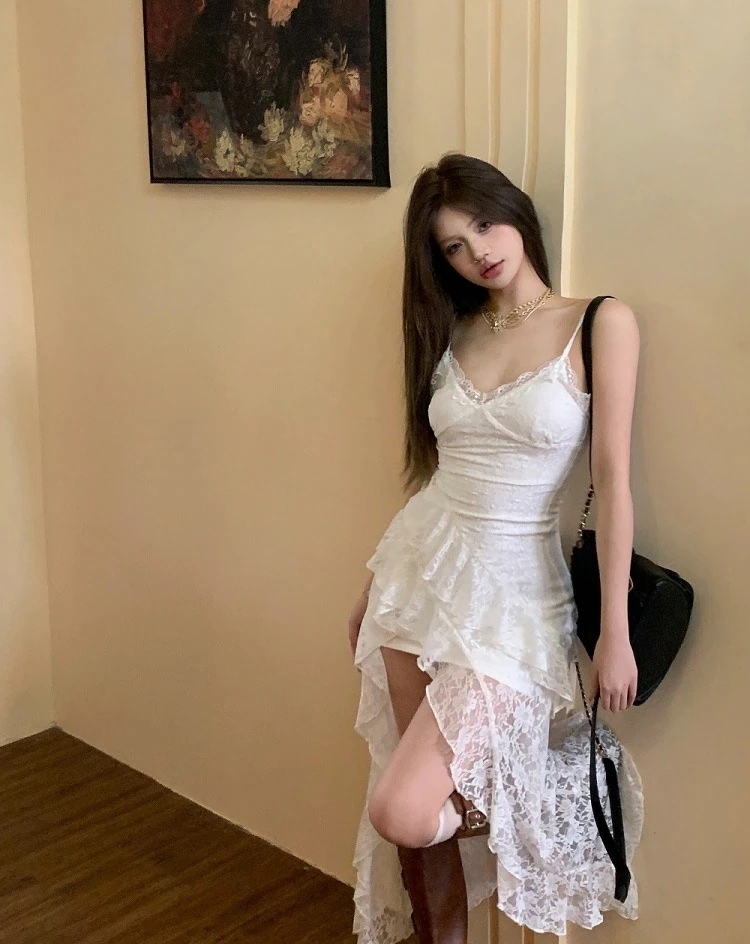 ワンピース ロング丈 ゆったり キャミソール Vネック ハイウエスト フィッシュテールかわいい カジュアル おしゃれ ファッション フィッシュテールフレンチお出かけ