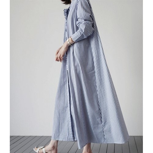 2021秋新作 ワンピース ブラウスワンピース ロングワンピース 長袖 ストライプ柄 体型カバー 1#S 2486