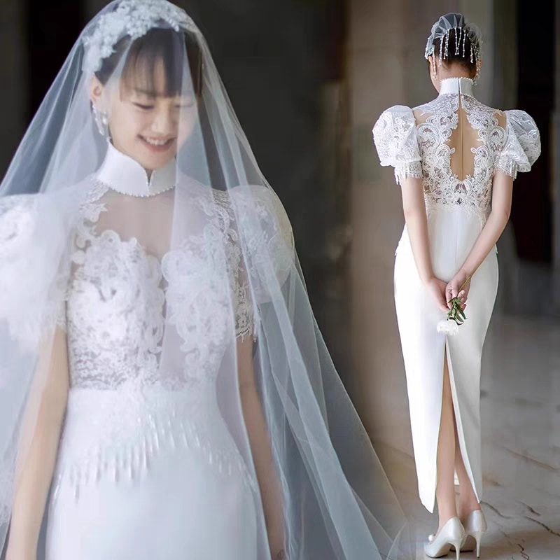 ウェディングドレス 白 フランス宮廷パフスリーブのレース透けドレス Aラインドレス 結婚式 花嫁 挙式 二次会