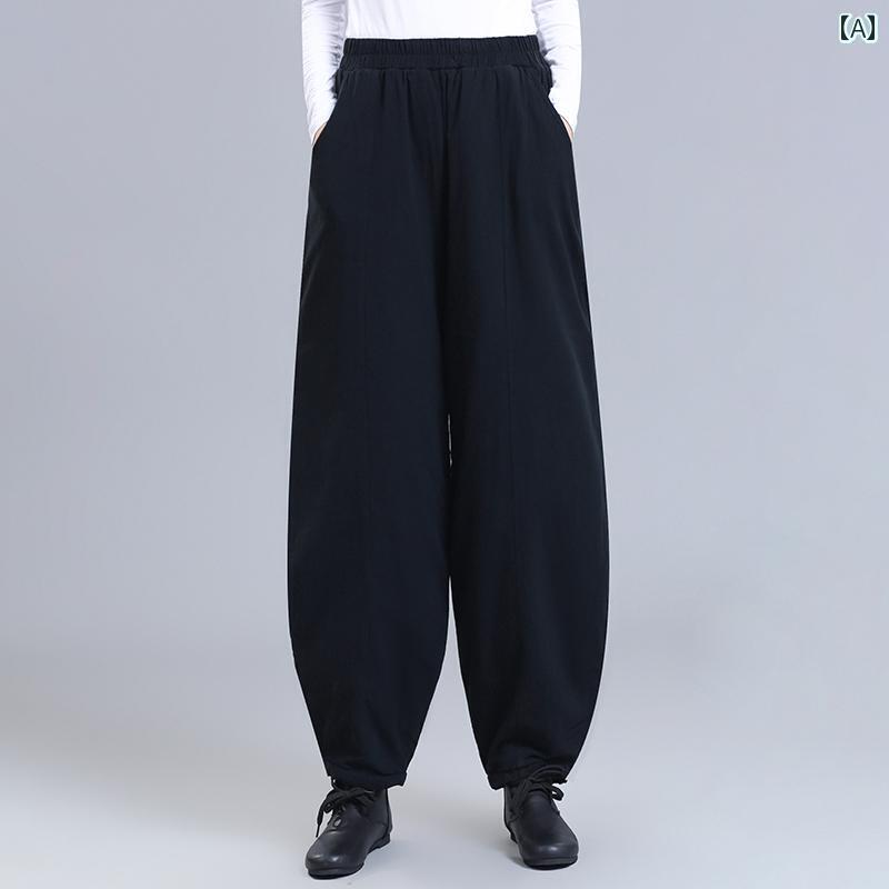 パンツ レディース リネン レトロ コットンパンツ 冬 キルティング 厚手 コットンリネン ハイウエスト キャロット エスニック 暖かい ランタン