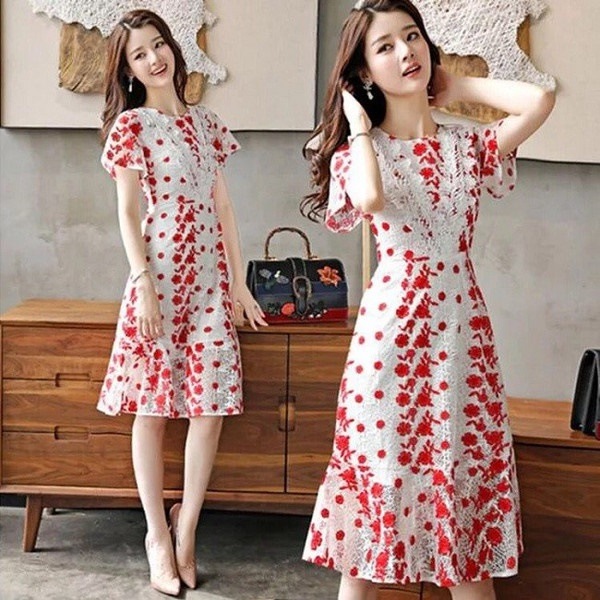 総レース ワンピース レディース 女子力up 透かし レース 刺繍 膝丈 ドレス 上品
