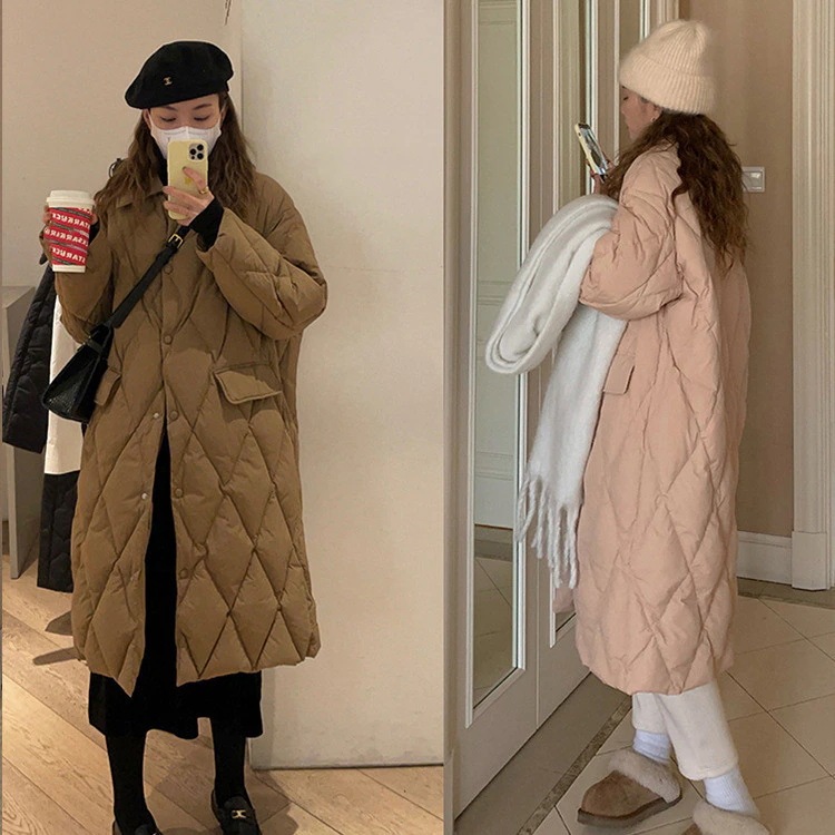 入荷 ダウンコートレディース 冬服 ロング丈 折襟 ボタンダウン 無地 秋冬 ダウンジャケット キルティングダウン 厚手 膝丈 ゆったり 暖かい 保温 防寒 羽織り