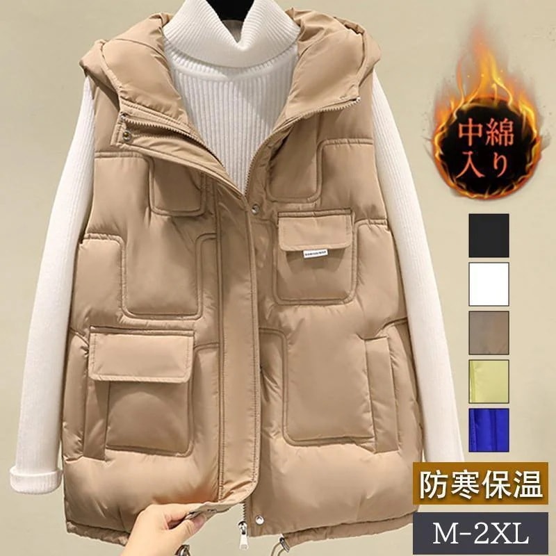 【急速出荷 2025年新作】中綿ベスト レディース ベスト フード付き 袖なし 無地 ショット丈 ジレ チョッキ ダウンベスト カジュアル 厚手 おしゃれ 可愛い