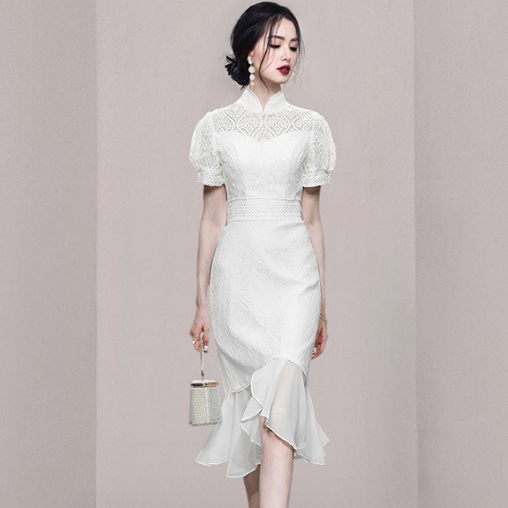 花柄リボンパフスリーブマーメイドワンピースドレス結婚式パーティー