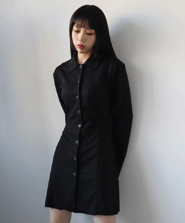 [ 秋のおすすめアイテム/ブーツコーデ ]プチスリムラインロングノースリーブミニシャツワンピース (2 COLORS)