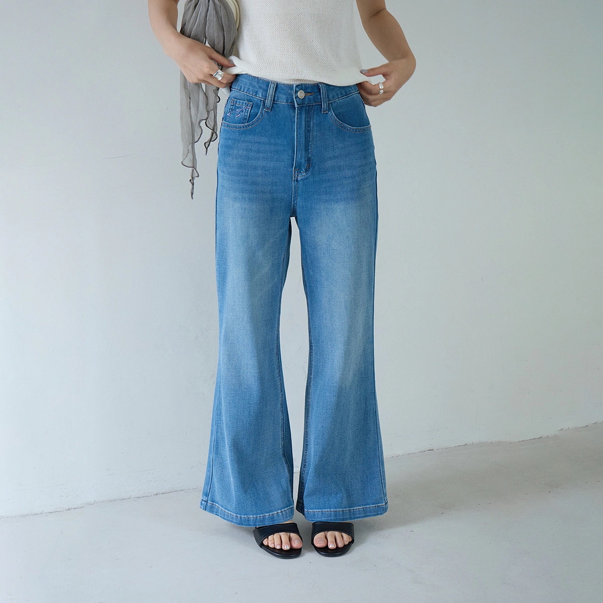 3日出荷 ワイドパンツ 4way ストレッチ ハイウエスト フレアデニム 夏用 薄手 レディース