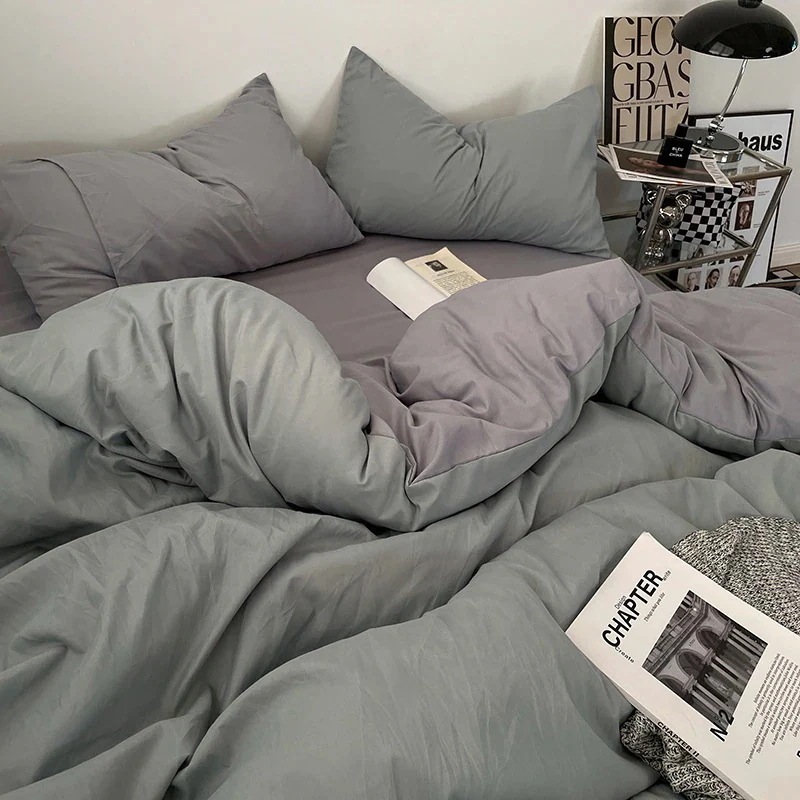 今の流行肌に優しいロカコットンシンプルスタイル4点セット12m15mベッドシーツスタイル3点セットFanxingブルーライトグレー