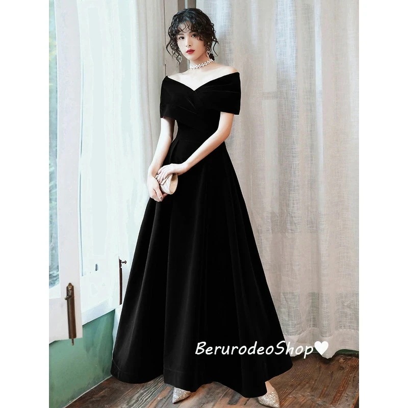 人気がある イブニングドレス 黒 ベロア ベルベット オフショルダー ロングドレス 発表会ドレス ブラック 無地 オシャレ 結婚式ドレス 二次会ドレス オフショル シンプル パーティードレス Aライン