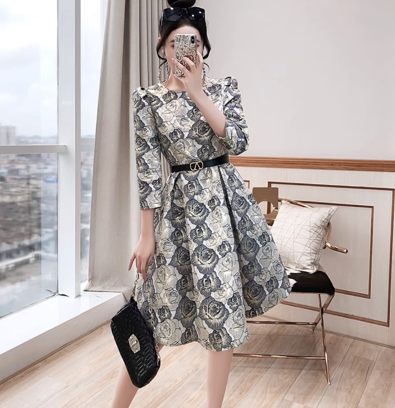 ジャガードドレス パーティードレス レディース ワンピース 膝丈 高級感 7分袖 パフスリーブ ラウンドネック Aライン フェミニン ベルト ウエストマーク 大人可愛い きれいめ シンプル カジュアル