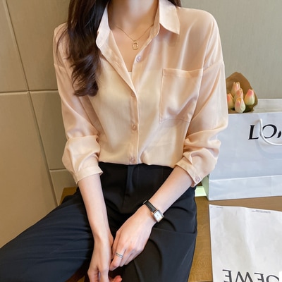 トップス シャツ レギュラー丈 長袖 レギュラー袖 襟付き ポロカラー ストレート ポケット 前開き 透け感 薄手 絹 個性的 イエロー グリーン パープル ホワイト ベージュ S M L XL