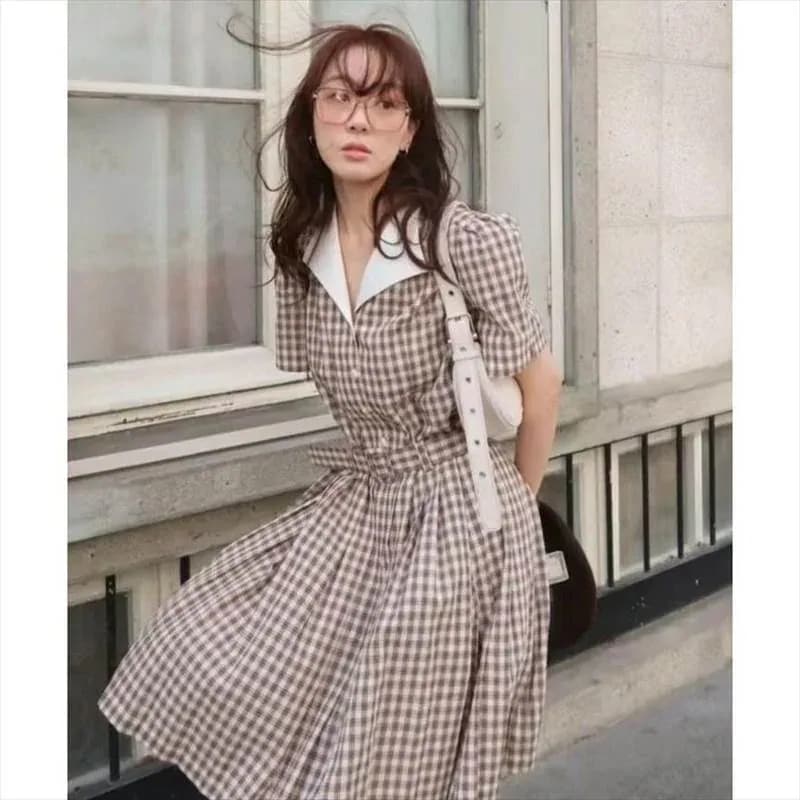 ワンピース レディース シャツワンピース 半袖 襟付き 膝丈 バイカラー タックフレア セミフレア