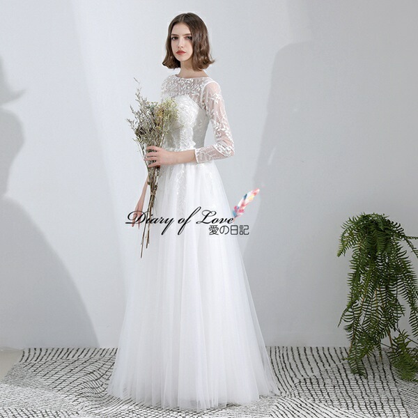 ウェディングドレス スレンダードレス 袖あり 二次会 白ワンピース 前撮り 後撮りに シンプルAライン高品質 ドレス 結婚式 披露宴 謝恩会 旅行撮影海外挙式ドレス ファスナー エンパ 同窓会