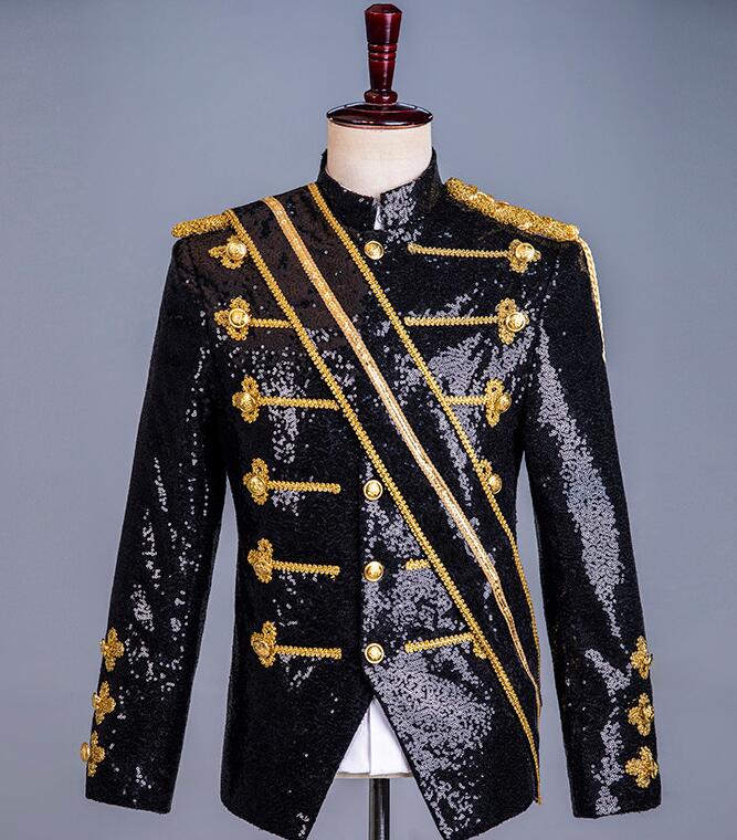 ステージ衣裳 ジャケット メンズ スパンコール ジャケット 長袖 立襟 スーツジャケット 欧米 宮廷風 DJ 舞台 ステージ ダンス 演出 衣装 肩章 房 リボン タッセル ベルト帯付 男性 パーティ 6,905円