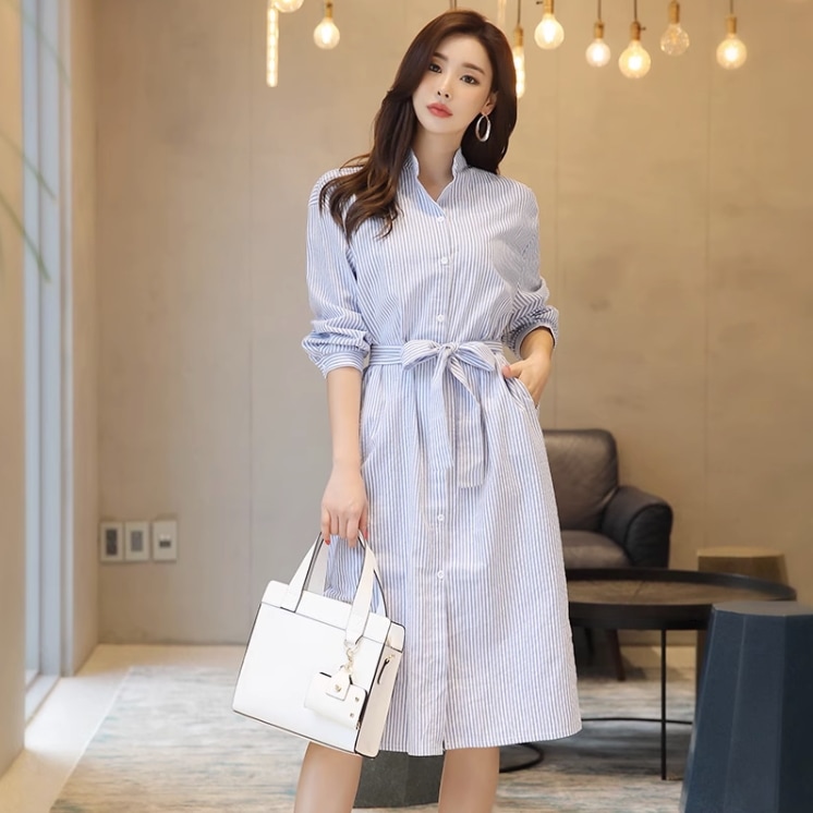 ワンピース シャツワンピース ワンピドレス ロング ロング丈 袖あり 長袖 襟なし スタンドカラー リボン ウエストリボン スリット サイドスリット ポケット ハイウエスト 前開き 2way 薄手