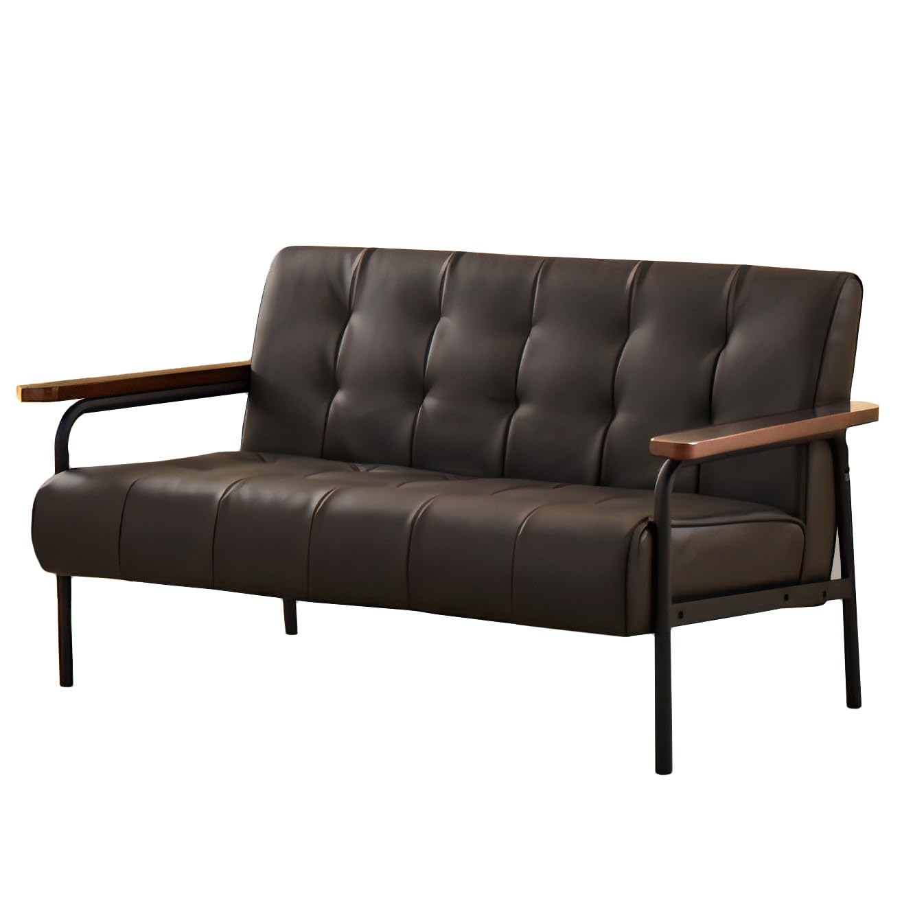[ URBAN ] 木肘ソファ アンティーク調 レトロ デザイン 2人掛け ブラウン 合成皮革 アイアン脚 AX-1718
