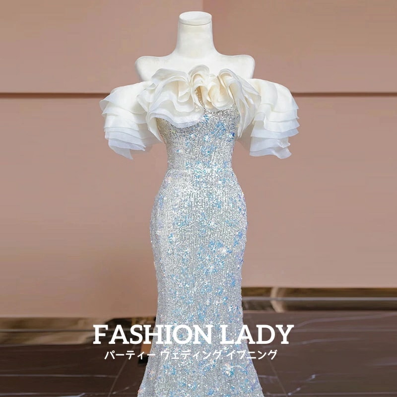 【新品】レディースドレス ウェディングドレス パーティー 宴会 イブニング 結婚式 エレガント 高級感 フィッシュテール オフショルダー ロングドレス ブルー スパンコール 成人式 音楽会 舞台演出 5,884円