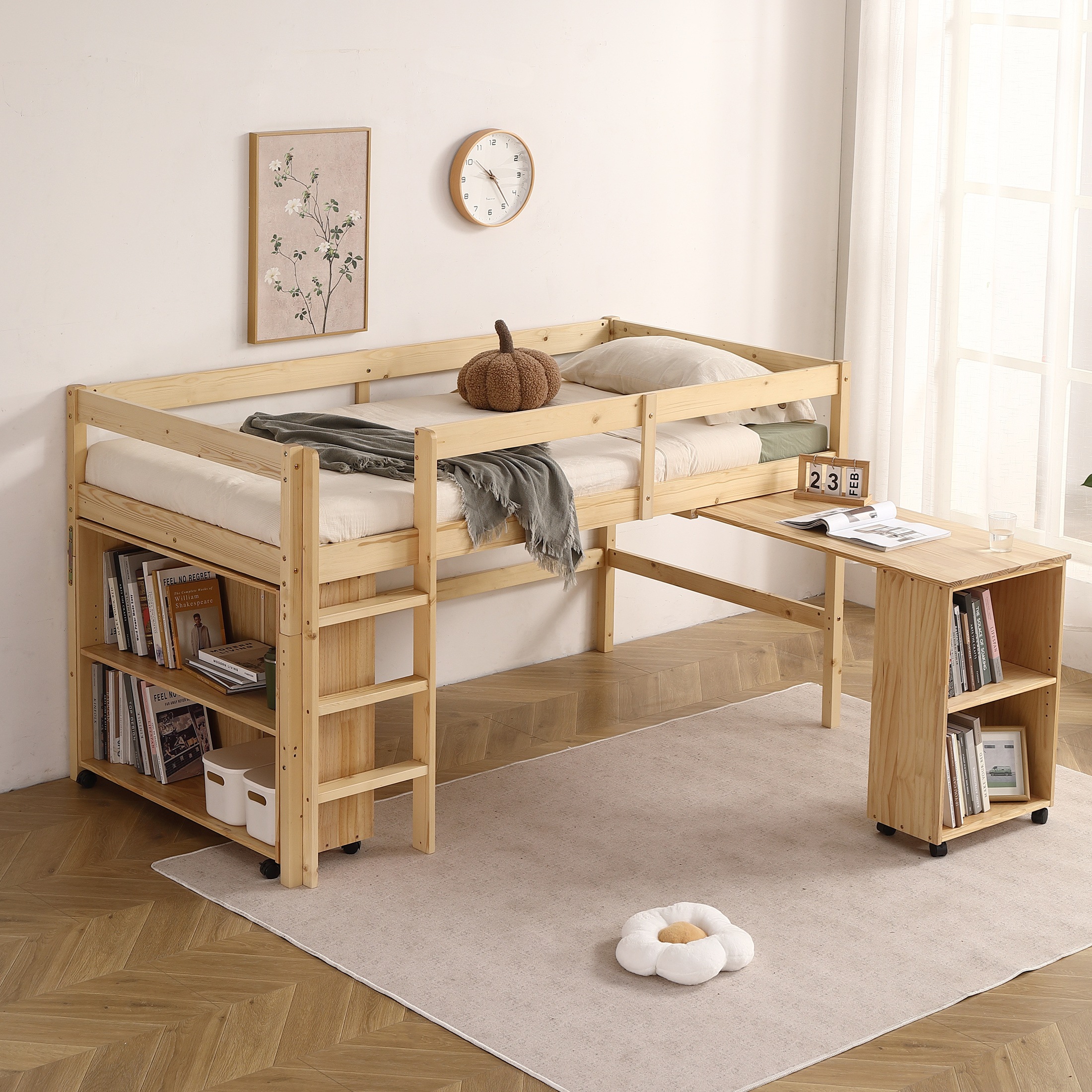 システムベッド ロフトベッド 木製 シングル ベッド ロータイプ ベッド デスク 本棚 机付き 学習机 コンパクト 本棚付き 木製ベッド 天然木 収納 子供 大人 一人暮らし コンパクト ミドルベッ