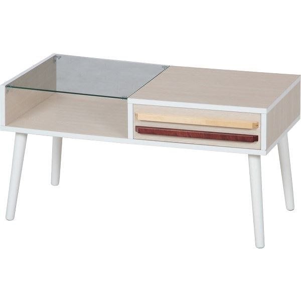 北欧風リビングテーブル/ローテーブル ホワイトウォッシュ 幅80cm ガラス製天板 収納棚引き出し1杯木製脚付 オスロ