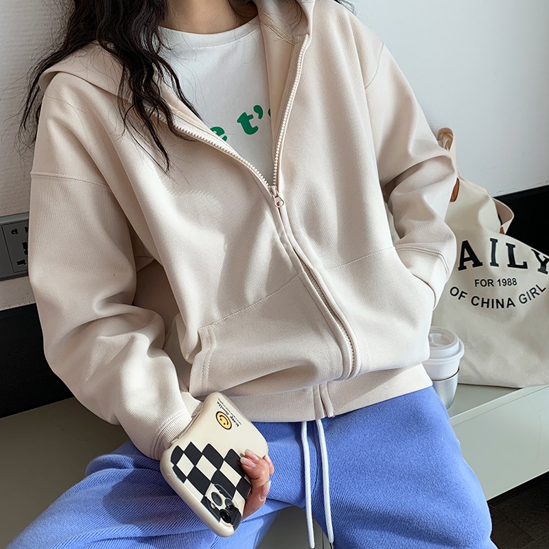 春秋新作女子学生用フード付き長袖トレーナー秋コートトレンドの無地ミニーミドル丈トップス