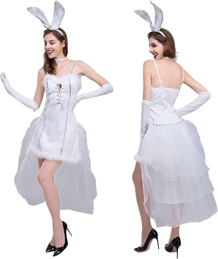 バニーガール コスプレ ホワイト 白 ロンググローブ セット コスチューム 衣装 大きいサイズ メンズ 女装 男性 イースター ハロウィン 仮装 うさぎ かわいい (Lサイズ)
