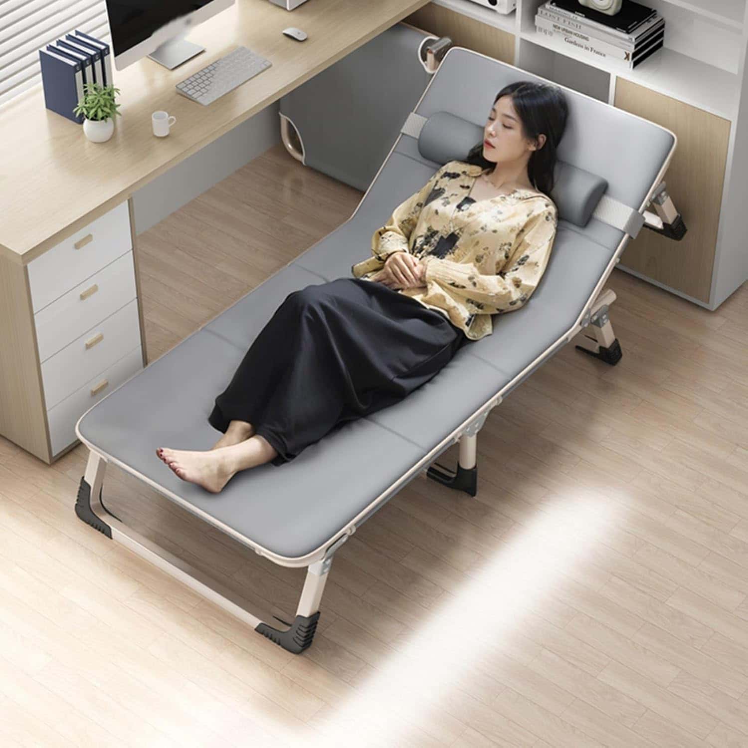 折りたたみベッド 一人掛け リクライニングチェア ラウンジチェア オットマン一体型 角度調節 背もたれ付き 客用ベッド 室内用 コンパクト収納 組み立て不要 170*56*28cm グレー 4Dクッシ