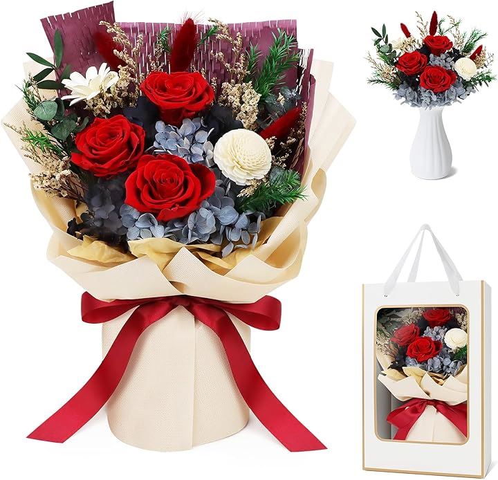 プリザーブドフラワー 枯れない花 花束 薔薇 香りあり 花瓶付き 誕生日 記念日 バレンタイン 卒業式 ホワイトデー お返し 女性 人気 ブーケ(レッド)