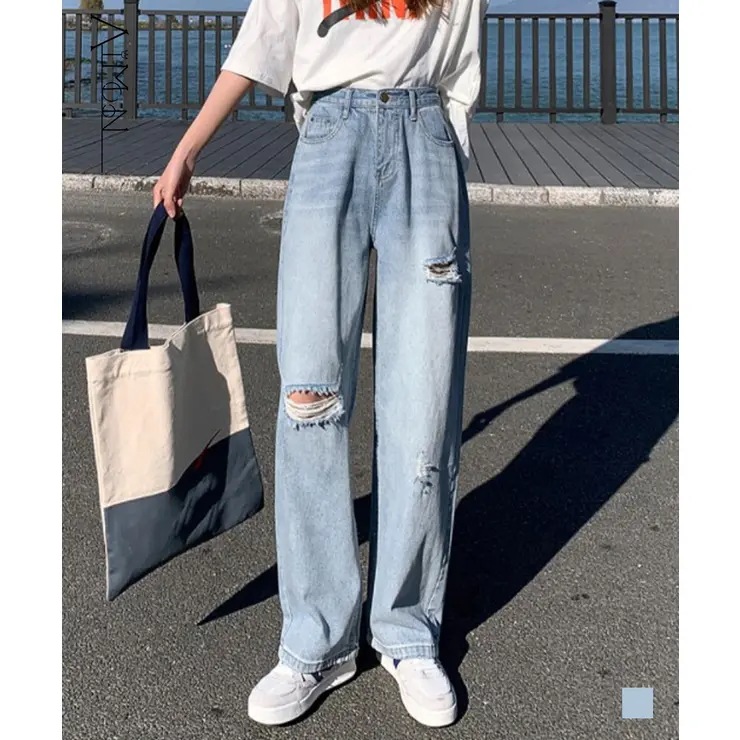 デニム ストレートパンツ ダメージ加工