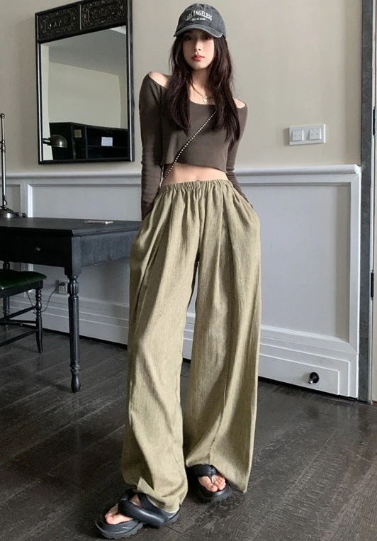 セットアップ ロンT パンツ レディース 上下セット 長袖 萌袖 へそ出し デコルテ オフショルダー ストレート ワイド ゆったり ウエストゴム シンプル カジュアル 茶色 黒 カーキ グレー S M